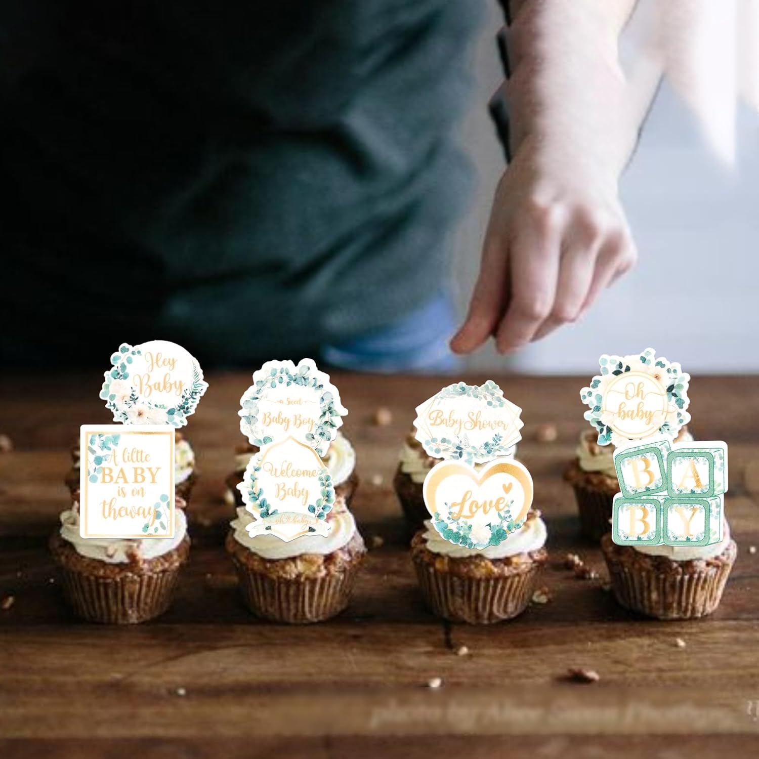 60 Pack Edible Welcome Boy Cupcake Toppers A Little Baby is on the Way Cake Toppers Rice Paper Wafer Paper Cupcake Picks for Kids Birthday Cake Decorations Green