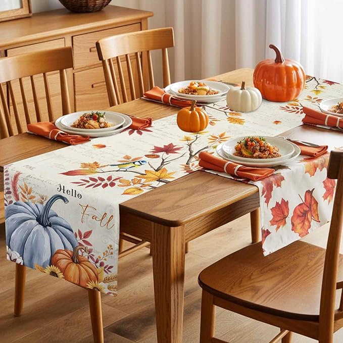 Thanksgiving Fall Cotton Linen Table Runner for Dining Kitchen, Blue Pumpkins Rustic Wedding Outdoor Party Autumn Tablerunners Decoration, Leaves Dresser Scarf Coffee Tablecloth Runners 13x36 Inches
