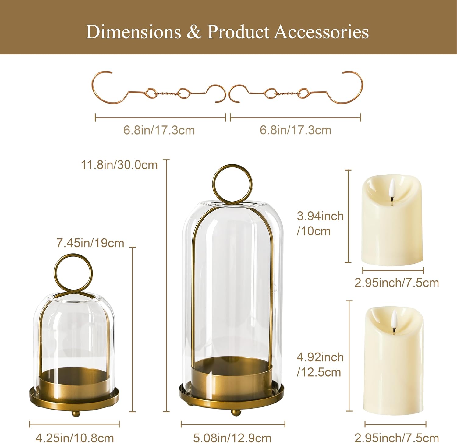 5"&4" Metal Candle Holder with Handmade Glass Dome in Brass & 2 Timer Candles, Set of 2 Versatile Hurricane Glass Candle Holders for Pillar Candles & Plants
