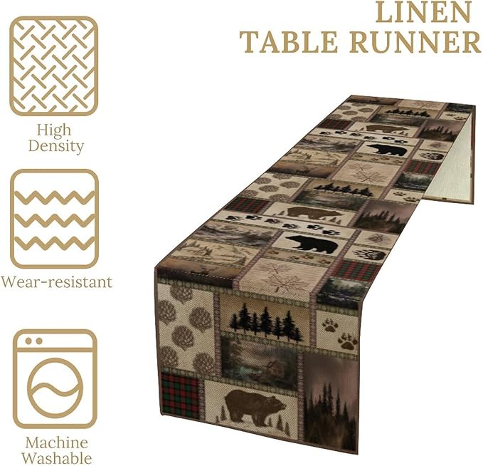 Retro Rusticd Cabin Table Runner Bear Country Farmhouse Vintage Lodge Table Runner for Party Dinner Festival Bedroom Living Room Kitchen 13x90 Inch