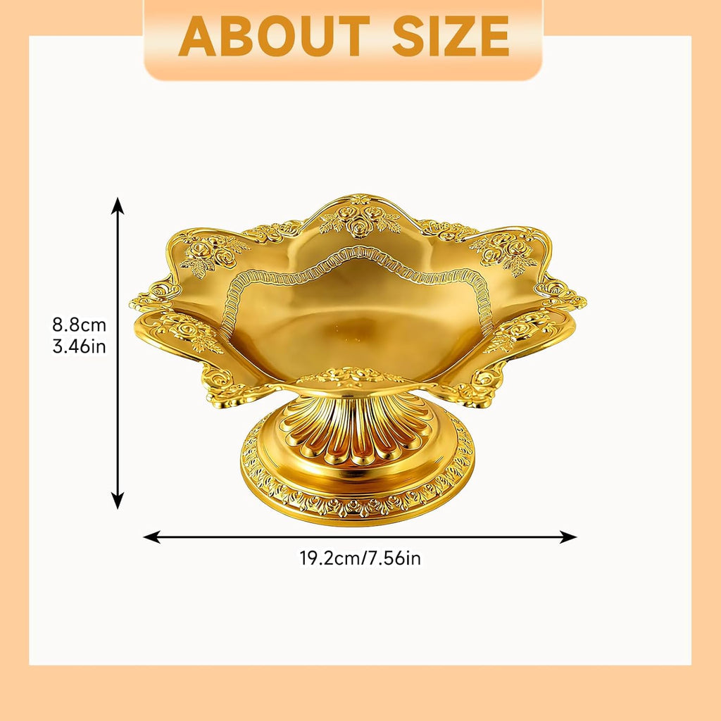 Golden Fruit Bowl for Kitchen Counter, Christmas Decorative Bowl for Home Decor, Serving Tray for Candy Dish Pedestal Floating Flowers Diwali Candles, Buddhist Offering Plate