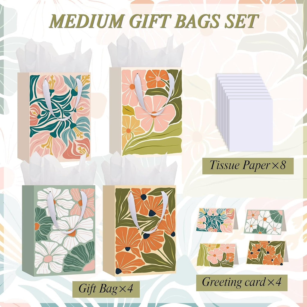 woric 10.6" Matisse Flowers Gift Bags, 4 Medium Floral Gift Bags for Women | 4 Floral Styles, Tissue Paper & Cards, Used for Wedding Bridal Showers, Baby Shower, Women Birthday, 10.6" X 7.8" X 4.7"