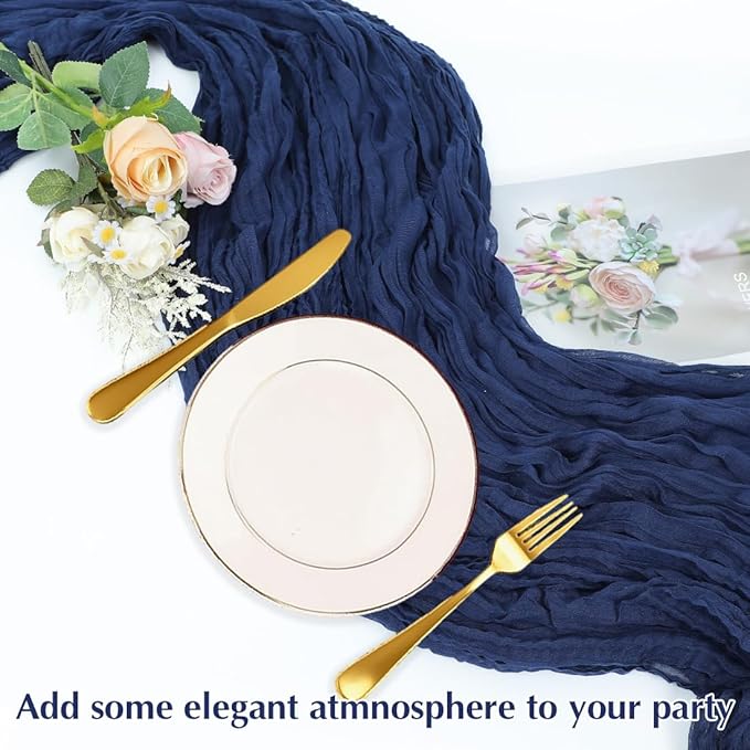 Blue Cheesecloth Table Runner -21*120Inch Long Boho Wedding Table Decor, Rustic Gauze Fabric Runner for Bridal Showers, Baby Showers & Parties (Sheer, Lightweight, Wrinkled Design)