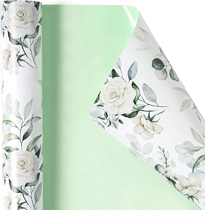 RUSPEPA Reversible Floral Wrapping Paper for Women Girls, Mini Roll, Elegant Flower Greenery and Sage Green Gift Wrap Paper for Wedding, Birthday, Bridal Shower, Mother's Day, 17 Inches x 16.4 Feet