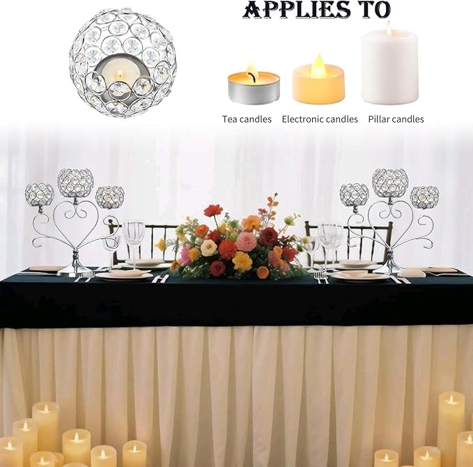 2 Pcs 3-Arm Heart Tea Light Candle Holder - Crystal & Metal Wedding Centerpiece Decor, Sparkling Table Decor for Anniversaries/Romantic Tabletop Home/Dinner Party/Events (2, Silver)