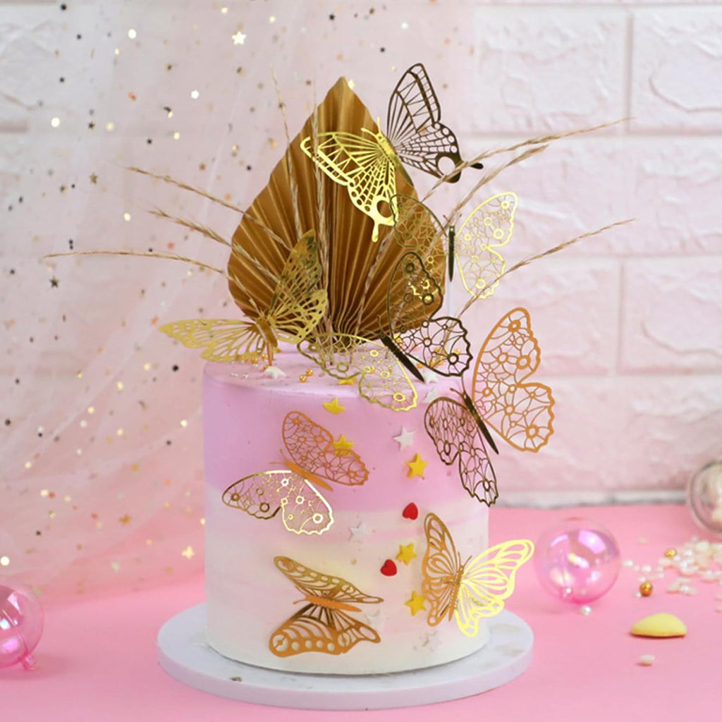 42-Piece Cake Topper Kit: 4 Palm Leaf Fan, 20 Decorating Balls, 18 Butterfly Decor, Gold, Perfect for Birthdays, Anniversaries, Weddings, Christmas