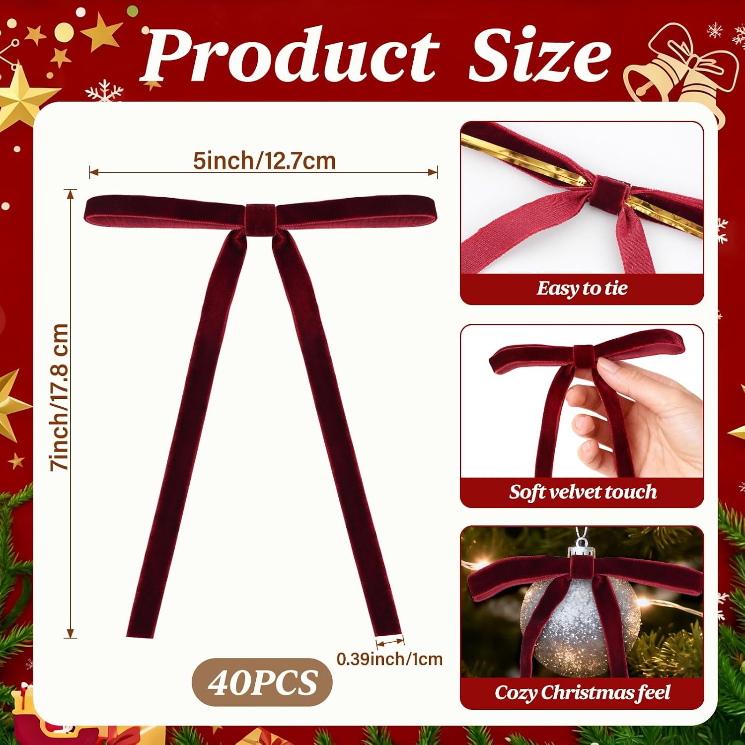 HEAEUNK 40 Pack Burgundy Bows for Christmas Tree, Burgundy Velvet Christmas Tree Bows, Xmas Velvet Ornaments for Wreaths, Garland, Wreaths, Gifts & Holiday Indoor & Outdoor Decor (5"x7", 3/8")
