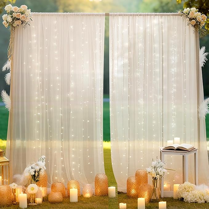 10×10ft Tulle Backdrop Curtains with Lights String - 300LED Fairy Lights Sheer Curtain Backdrop for Weddings Baby Shower and Birthday Party Decorations(6 Panels 5×10ft)