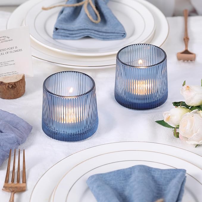 DARJEN Blue Ribbed Tealight Votive Candle Holders- 6Pack Glass Candle Holders for Table Centerpiece, Wedding Decor, Home Decor, Party Dinner