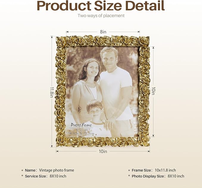 Cuspin 8x10 Picture Frame Vintage, Gold Ornate Rose Flower Resin Photo Frame with Glass Front for Tabletop, Antique Picture Frames for Home Decor