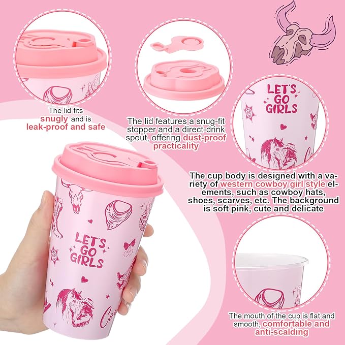Yungyan 16 Sets Pink Cowgirl Party Favors Goodie Cups with Lids and Straws for Halloween Party Decorations Reusable 16oz Plastic Candy Cups Plastic Straws for Birthday Gift(Pink Cowgirl)