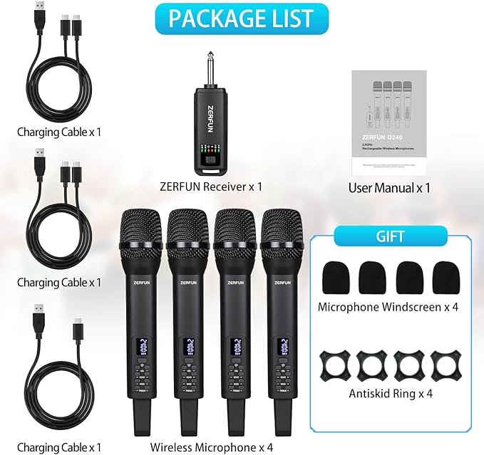 Rechargeable Wireless Microphones 4, Pro Handheld Cordless Mics System Dynamic with Echo Treble BASS VOL Control for Karaoke Singing Church Party, 1/4'' Output, D240, Black
