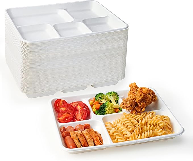ECOLipak 100% Compostable 5 Compartment Plates, 125 Pack Disposable Paper Plates, Heavy-Duty Biodegradable Sugarcane Plates, Eco-Friendly School Lunch Trays