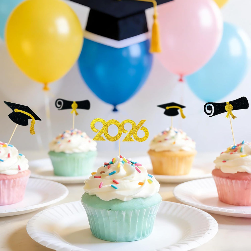 2026 Graduation Cupcake Toppers 48 Pack, Pre-Assembled Food & Appetizer Picks, Black Gold Grad Cap & Diploma Cupcake Decorations for Graduation Party