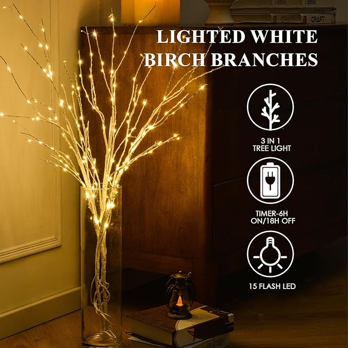 Lighted White Birch Branches With Timer 33IN 180 LED Twig for Vase Christmas Decor Artificial Tree Branch Holiday Parent