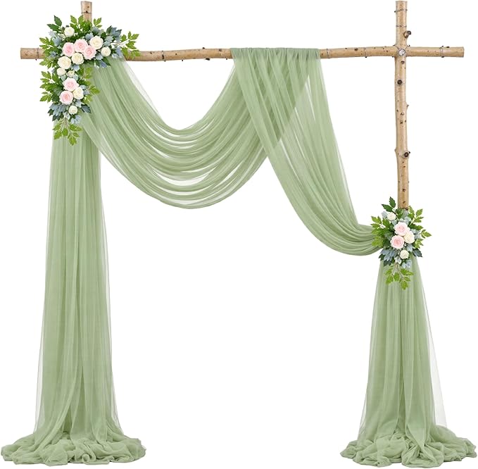 Wedding Arch Draping Fabric Backdrop 1 Panel 30" x 19Ft Sage Green Drapes Curtains for Wedding Reception Sheer Tulle Backdrop Curtain for Ceremony Birthday Party Baby Shower Arbor Ceiling Decorations