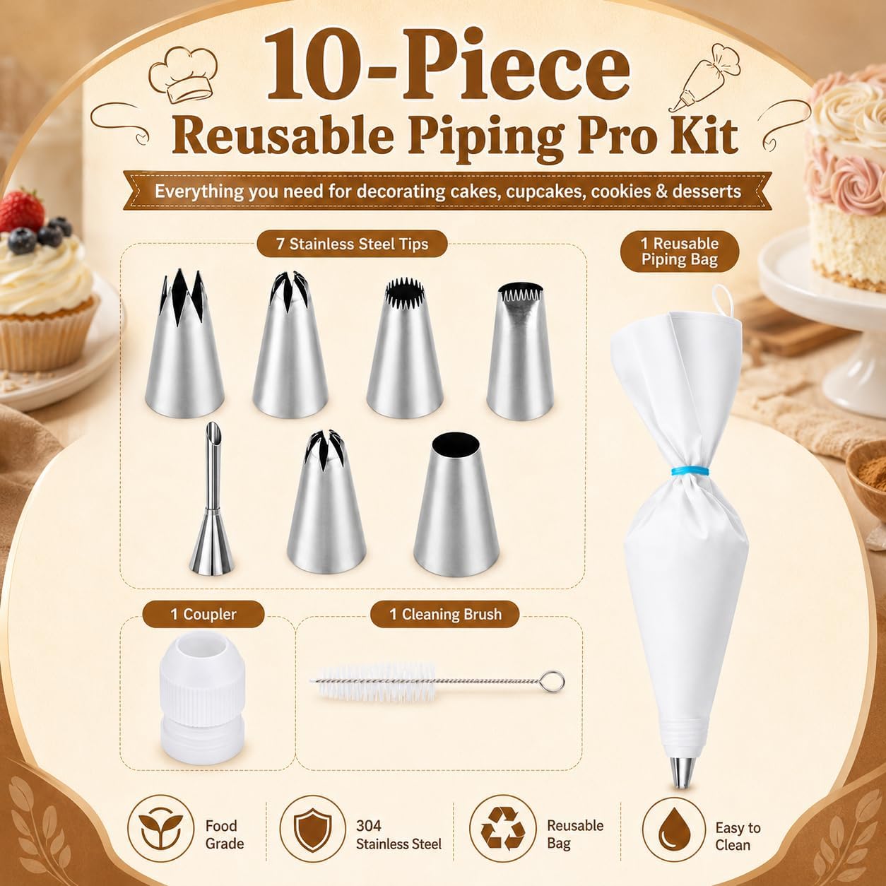 10-Piece Reusable Piping Bags and Tips Set-Cotton Baking Kit with Coupler,16inch Pastry Bags,Stainless Steel Nozzles & Cleaner for Cakes/Cupcakes/Cookies Decorating (10 Pcs)
