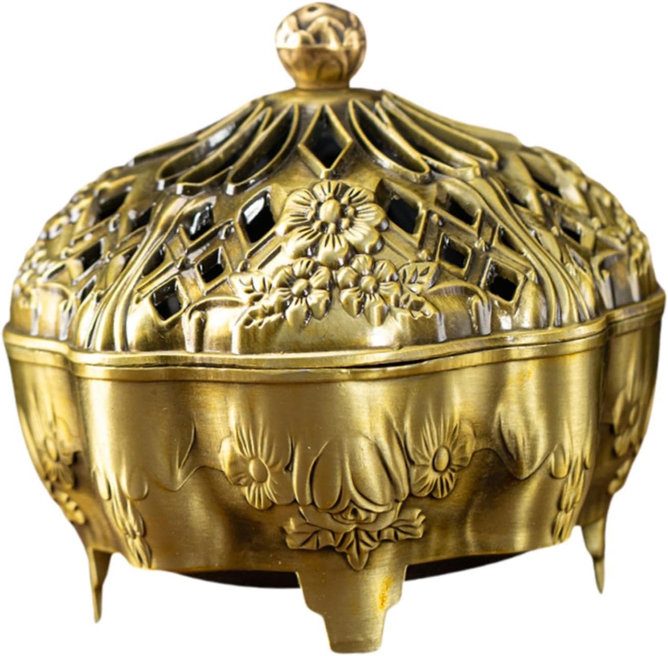 Brass Censer Bowl Holder with Lid Coil Cone Stick Accessory Traditional Round Base Patterned Craft Suitable for, Yellow
