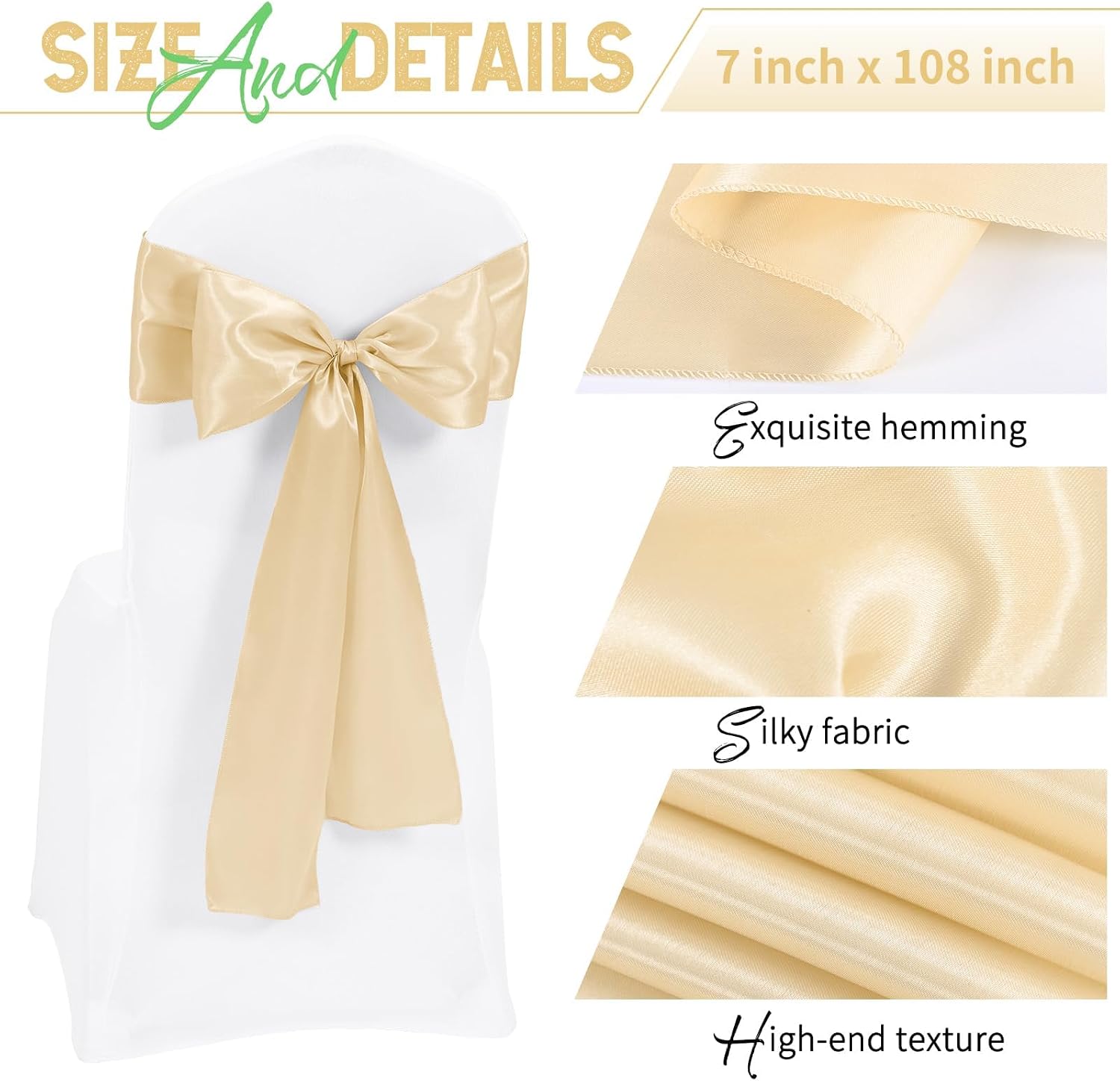 120 PCS Champagne Satin Chair Sashes, Ties Bows Designed Chairs Decorative, Chair Cover Sashes for Thanksgiving Wedding Christmas Banquet Party Home Kitchen Decoration (7 x 108 inch)