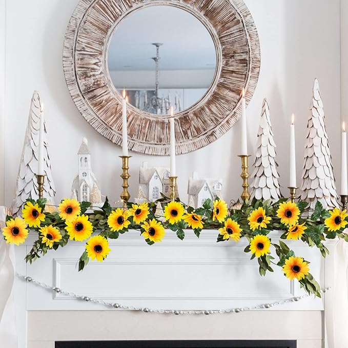 Uieke 10 Pack Artificial Sunflower Garland, 8.2ft/Pcs Silk Sunflowers with Green Leaves, Flowers Vines for Room Home Kitchen Garden Wedding Arch Bridal Baby Shower Party Outdoor Decor