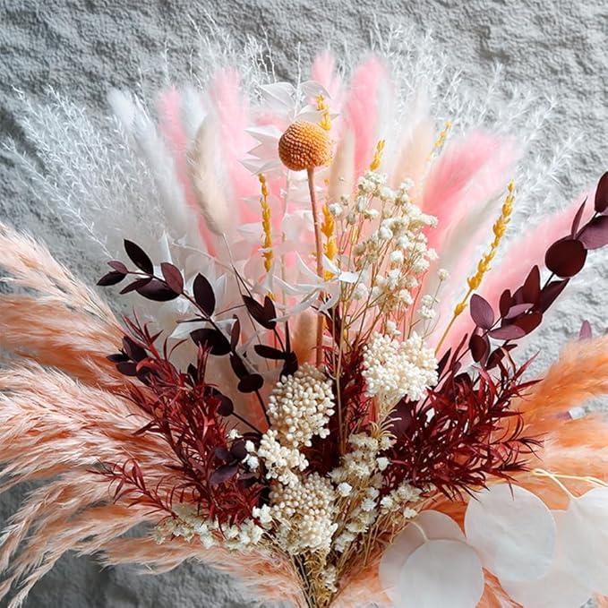 Pink Dried Flowers Bouquet - Pampas Grass, Bunny Tails, Eucalyptus, Lavender - Rustic Boho Decor for Home, Wedding, or Gift - Fluffy Pink Pampas for Flower Vase