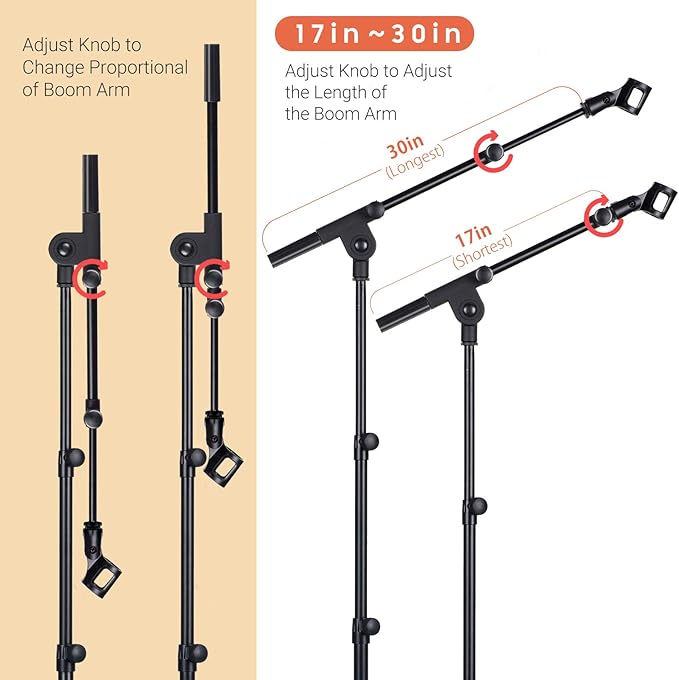 CAHAYA Mic Stand Tripod Boom Arm Floor Microphone Stand Height Adjustable with Carrying Bag and 2 Mic Clips 3/8" to 5/8" Adapter for Singing Performance Podcast
