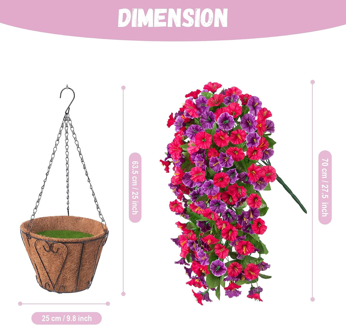 artificial flowers with hanging basket, outdoor faux plants, side view