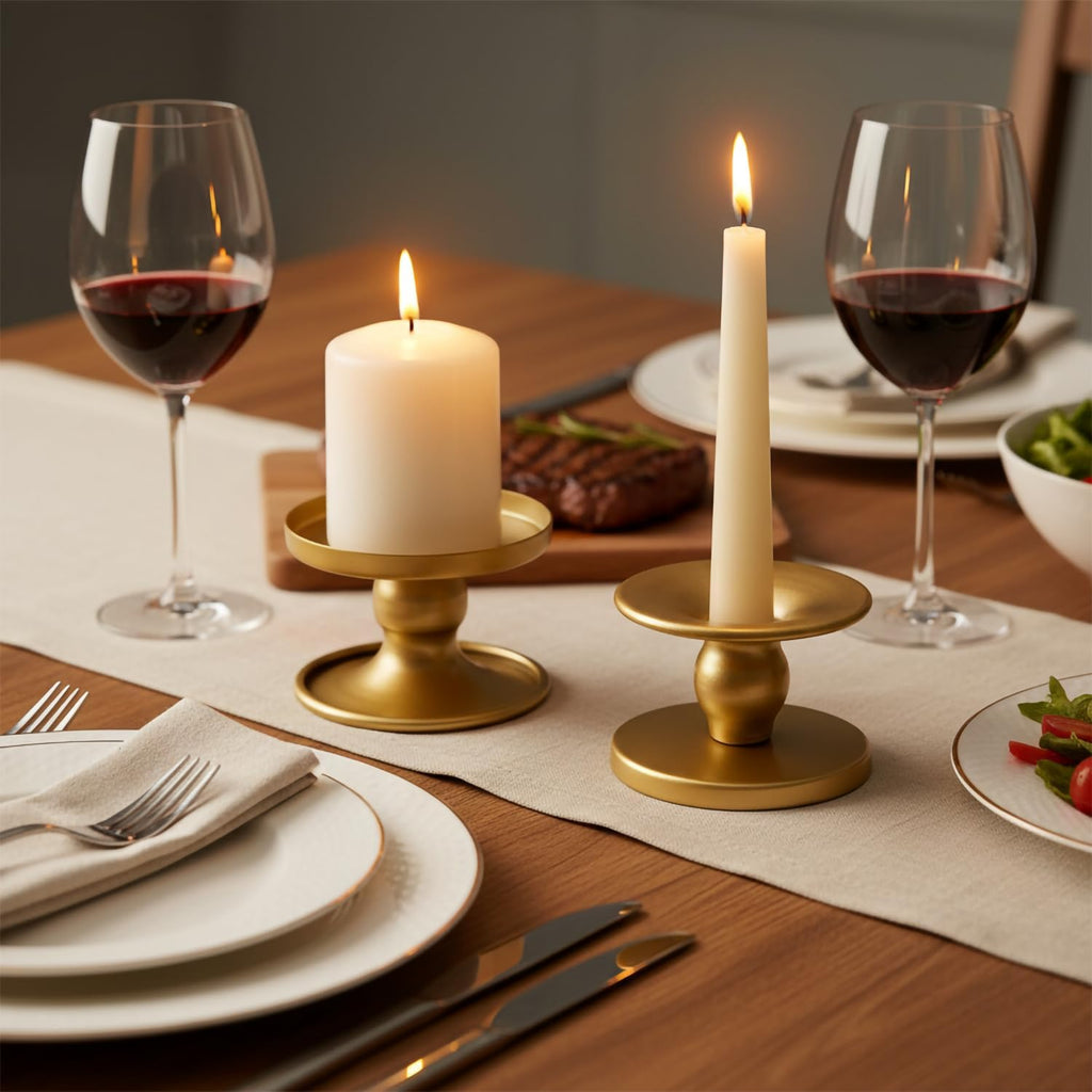 Reversible Gold Candle Holders Set of 2 for Pillar & Taper Candles | Metal Candle Trays For Pillar Candles Up To 3.2 In And Tapers Up To 0.9 In, For Tables, Weddings, Parties