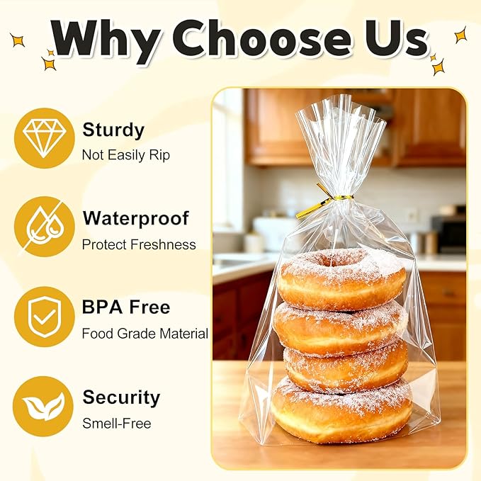 PigPotParty Cellophane Bags 8"x11", 100 Pack Clear Gift Bags, 3.15" Bottom Gusset for Stand-Up Display, Plastic Cellophane Gift Wrap, Ideal for Mugs, Goodies, Treats, Party Favors, Includes Gold Ties
