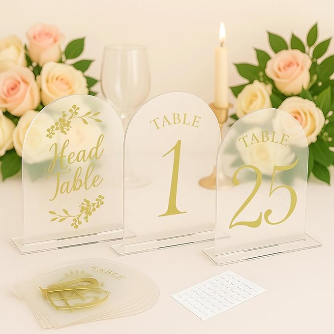 Wedding Table Numbers 1-25 Clear Acrylic Seating Number Signs for Weddings Reception Anniversary Party Decor Seat Number for Tables with Elegant Gold Lettering