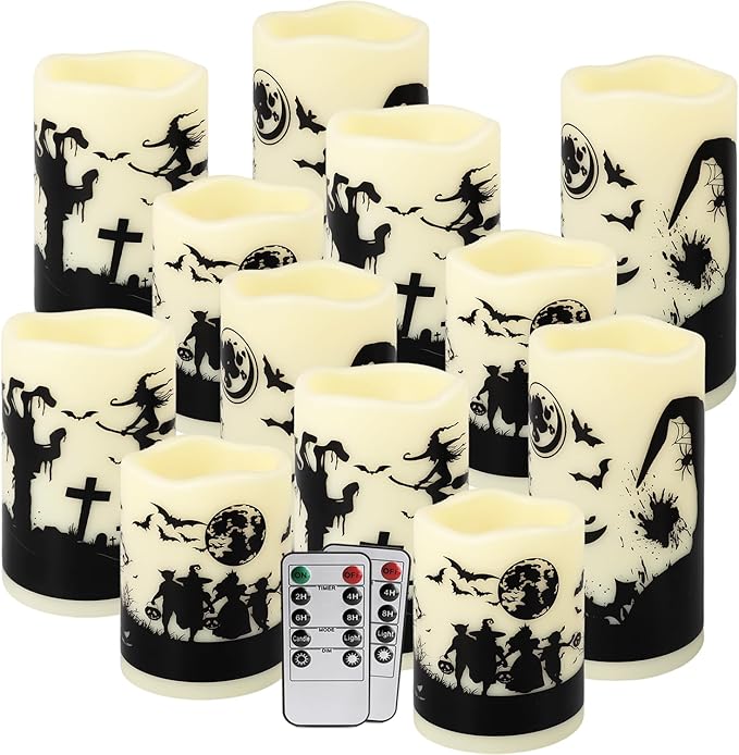 12-Pack Halloween-Flameless Led Pillar Candles，Remote Control and Timer Functions,
