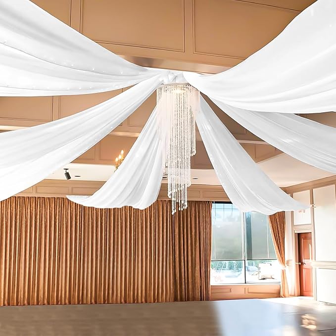 6 Panels White Ceiling Drapes for Wedding 5ftx10ft Sheer Drapery Chiffon Fabric Arch Draping Curtains for Party Ceremony Birthday Baby Shower Reception Stage Ceiling Decorations