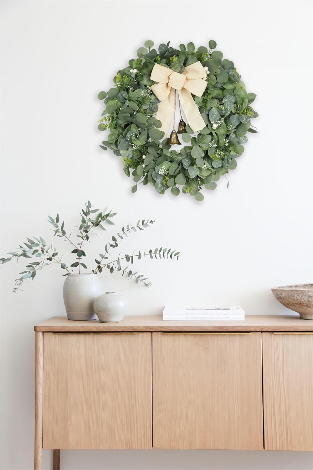 28 inch eucalyptus wreath with bells & bow, front angle view