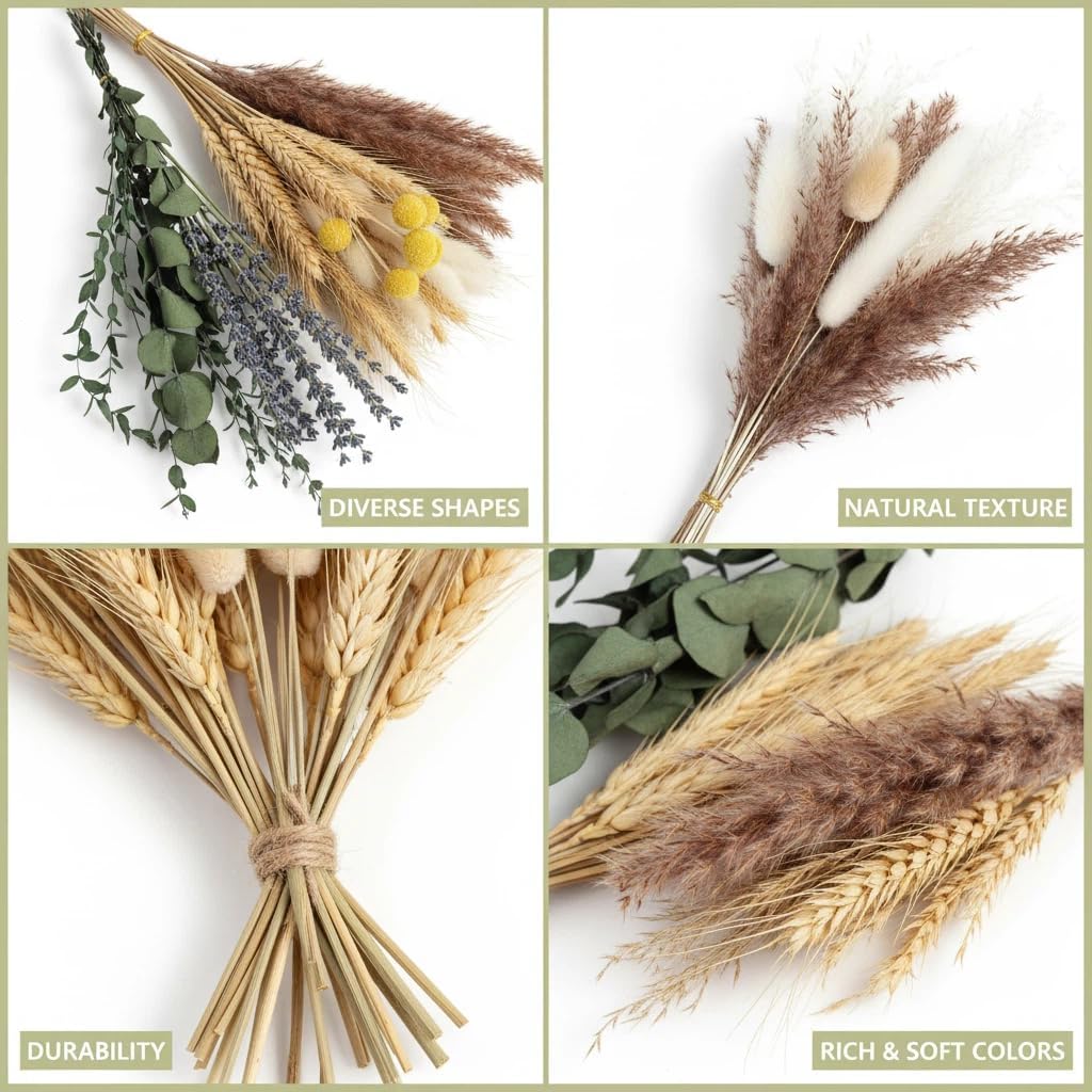 500PCS Dried Pampas Grass Bouquet – Boho Dried Flowers for Vase, White & Brown Pampas, Bunny Tails, Eucalyptus, Wheat & Lavender – Natural Floral Decor for Home, Wedding, Baby Shower &Photoshoot Props