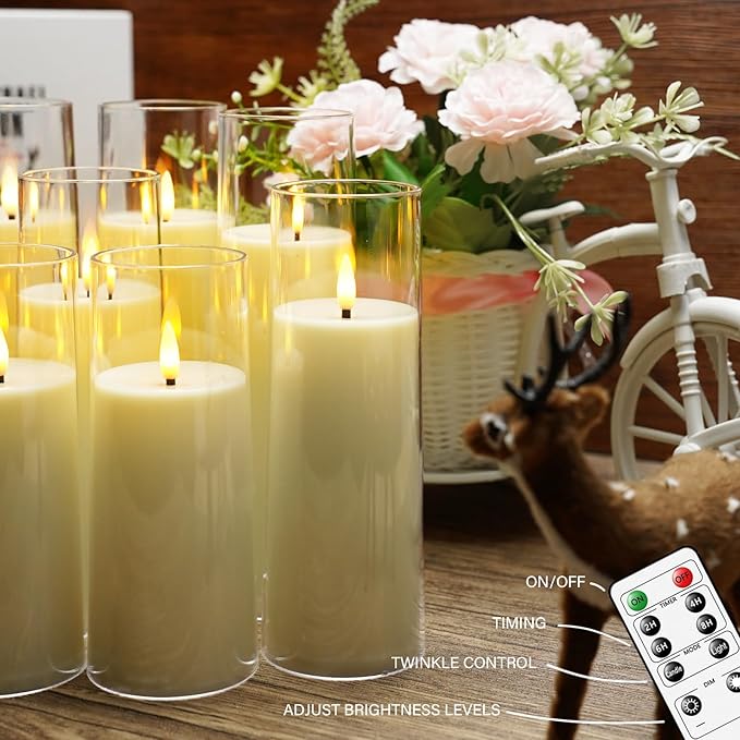 Flickering Flameless Candles Battery Operated with Remote and 2/4/6/8 H Timer Plexiglass Led Pillar Candles Pack of 9 (D2.3"xH 6"7"8")with Realistic Moving Wick Candles for Home Decor(Ivory)
