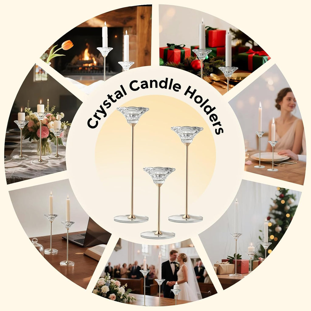 Candlestick Holders, Crystal 2 in 1 Taper and Pillar Candle Holders, Set of 3 Clear Glass Candle Holder, Decorative Candle Holder Candelabra for Home Decor, Wedding, Party, Anniversary