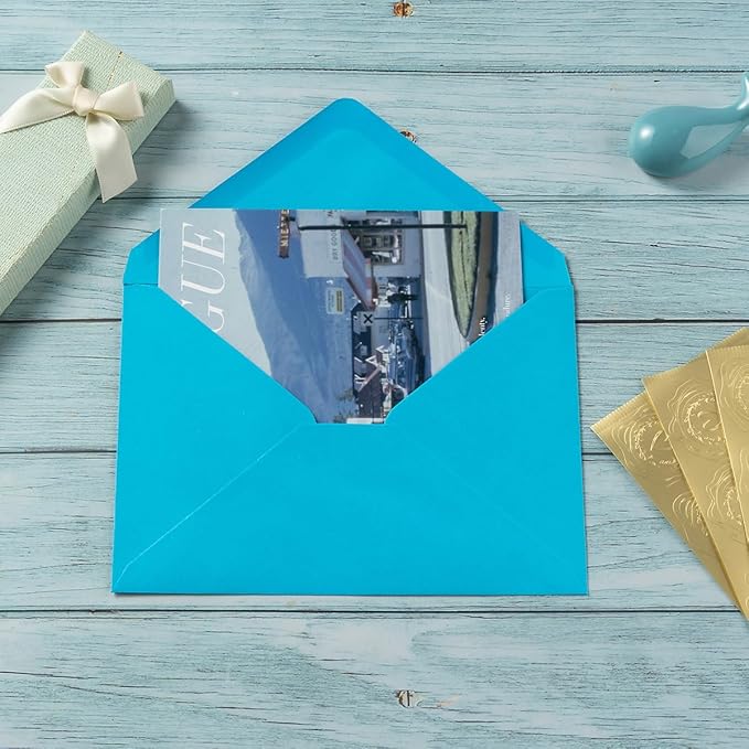 50 Pack Colored A6 Invitation Envelopes 4x6 with Gold Stickers for Cards and Invitations, 5 Colors (Blue, 6 1/2 x 4 3/4 inches)