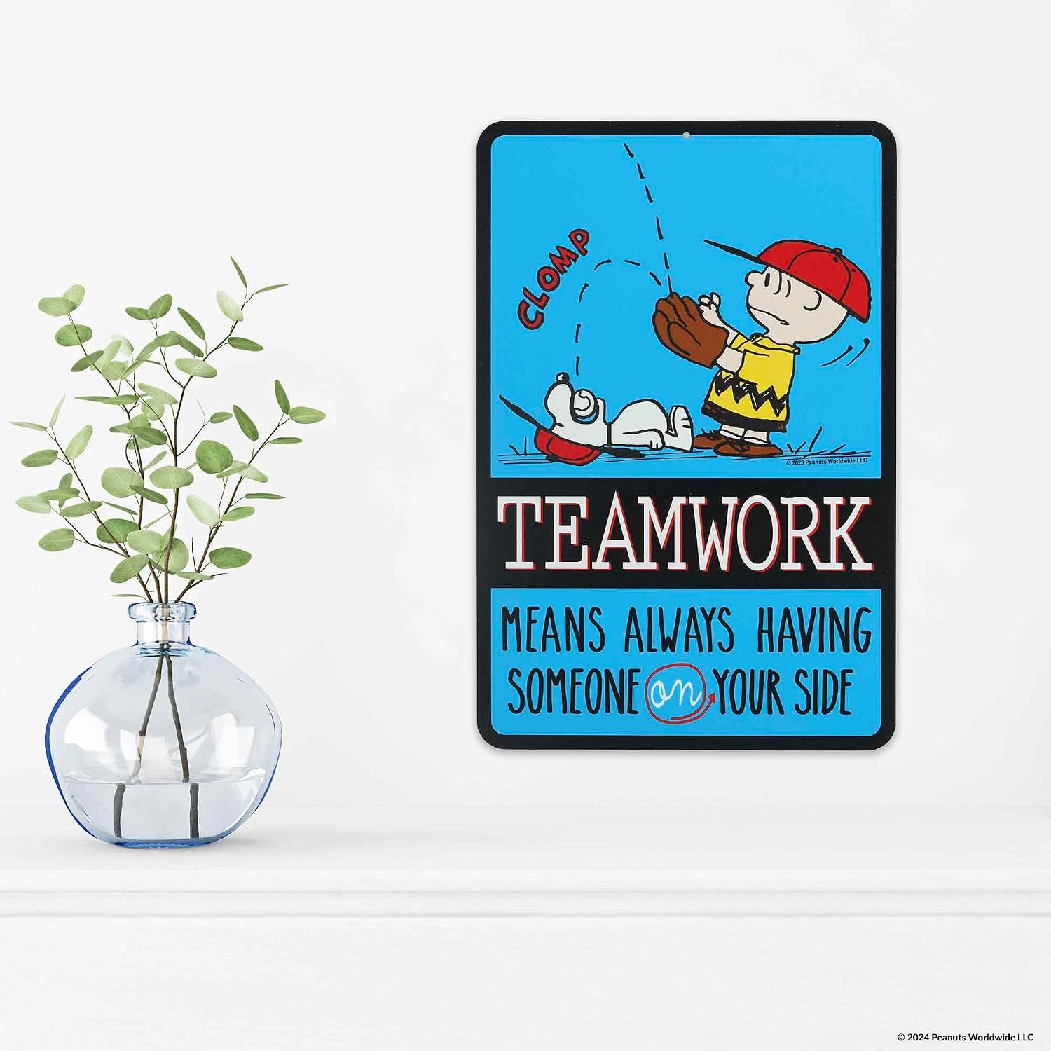 Peanuts Charlie Brown and Snoopy Baseball Teamwork Metal Sign - Fun Charlie Brown Sign for Kids' Bedroom or Classroom