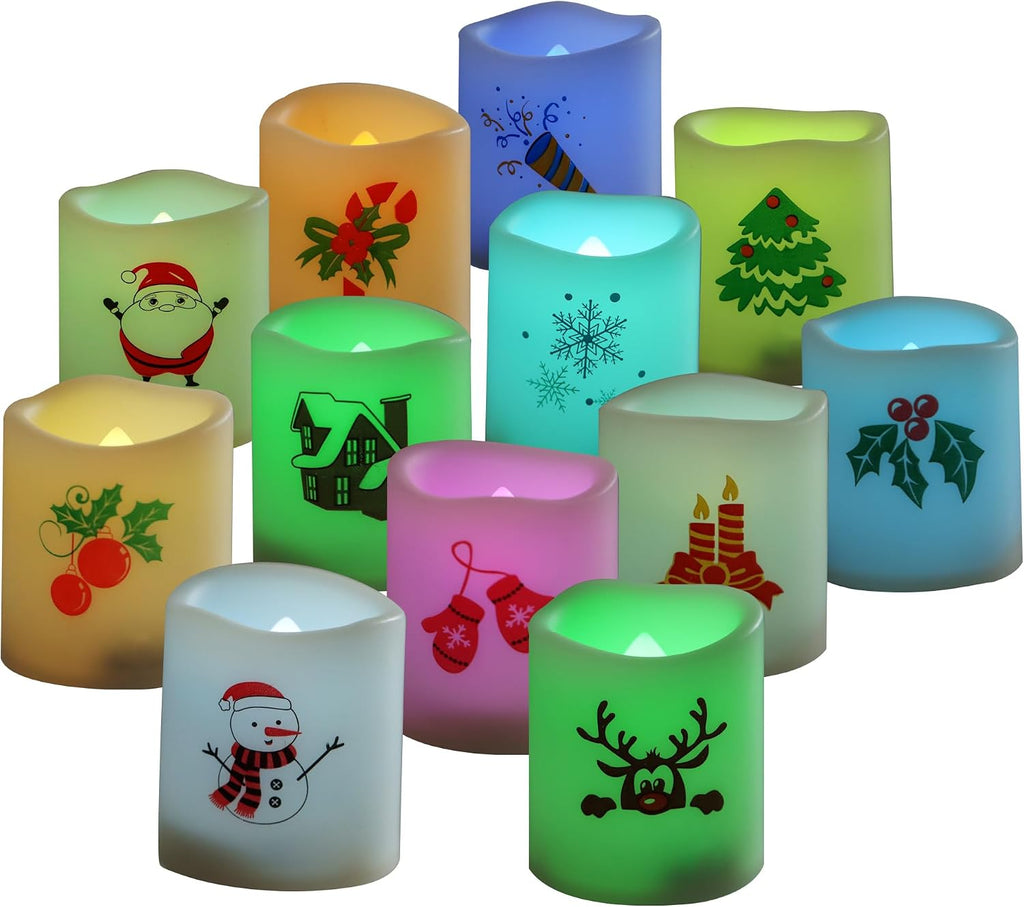CANDLE CHOICE Christmas Color Changing Battery Operated Flameless Votive Candles Small Realistic Electric LED Votives with Christmas Theme Decals for Xmas Party Decorations 12 Pack Batteries Included