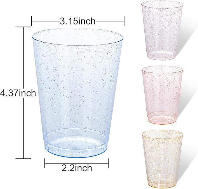 DaYammi 100 Pack 10 Oz Plastic Cups Glitter Disposable Cups in Assorted Colors,Plastic cup with 4 Colors, Disposable Wine Glasses Heavy Duty disposable Tumblers Drinking Cocktail Glasses for Party
