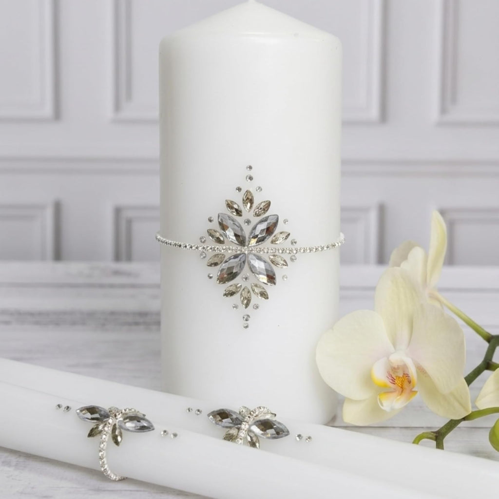 Unity Candle Set - Wedding Ceremony & Reception – 6” Pillar & Two 10” Taper Candles – Long Burning Unity Candles for Marriage Ritual – Handmade in USA –White|Cristal|Classic