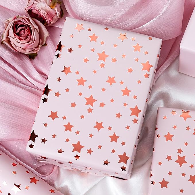 Burymento Gold Foil Five-Pointed Star Wrapping Paper, Reversible Pink Gift Wrap for Birthday, Valentines, Mothers day, Graduation, Wedding, Fathers day, Baby Shower, Christmas (17in x 32.8ft)