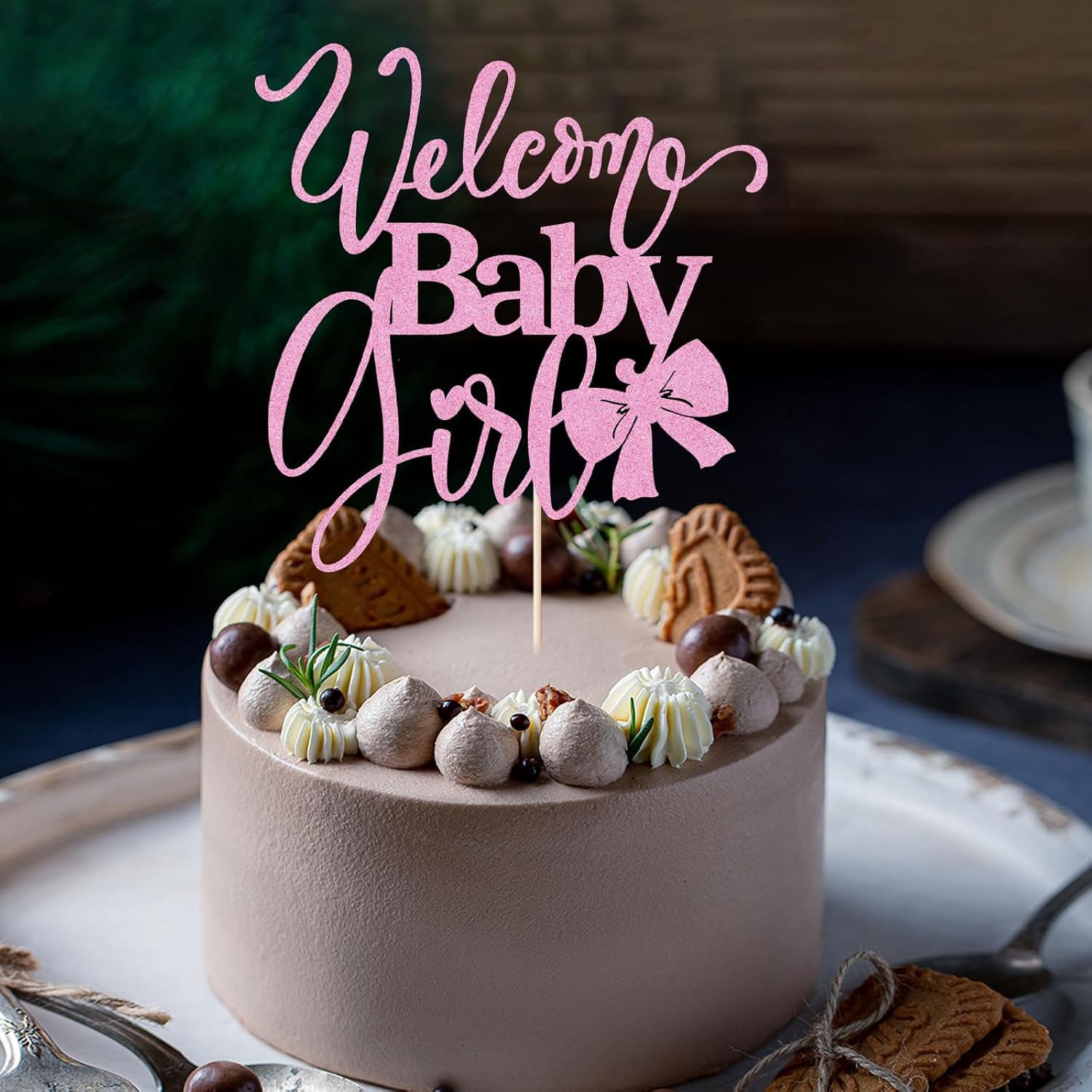 Welcome Baby Girl Cake Toppers - Baby Shower, Baby Shower, Newborn Gender Show Girl Happy Birthday Party Decoration (pink glitter)