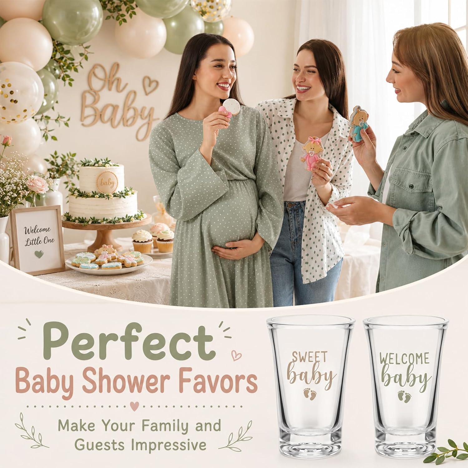 Pickmesh 96 Pcs Baby Shower Party Favors for 24 Guest, Boy Girl Shot Glasses Gifts, Bottle Openers, Thank You Tags, Organza Bags Gender Reveal Party Baby Shower Return Gifts for Guest (Sage Green)