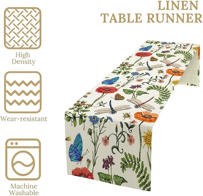 Vintage Botanical Flowers Table Runner, Seasonal Summer Plants Florals Butterfly Dinner Runner for Home Kitchen Dining Table Party Holiday Decoration 13"x36"