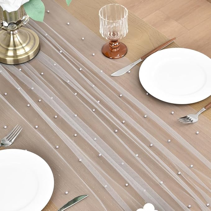 Joanlody Fall Pearl Table Runner 10ft Rustic Boho Tulle Table Runner with Pearls for Baby Shower Wedding Party Veil Dessert Thanksgiving Table Decor Gray