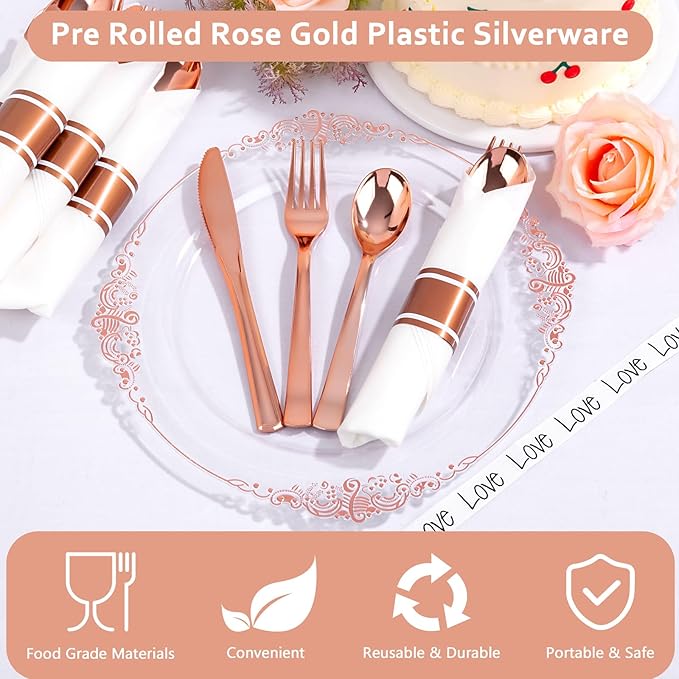 400PCS Pre Rolled Rose Gold Plastic Silverware Sets - Heavy Duty Rose Gold Cutlery - Include 100 Pack Wrapped Disposable Utensils with Napkins for Parties & Dinners & Weddings