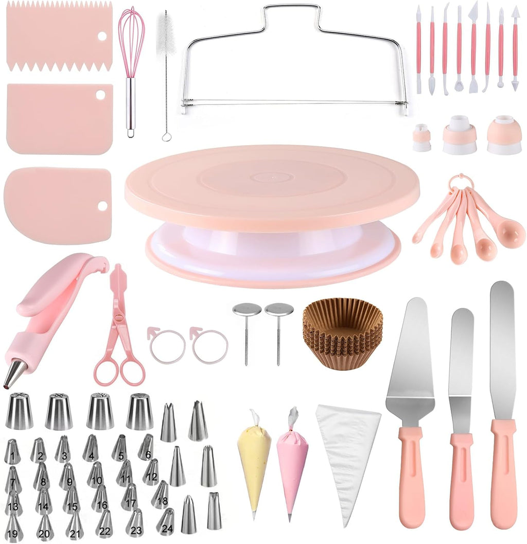 207PCS Cake Decorating Kit Includes Revolving cake turntable for decorating, Icing Bags and Tips Set, 3 Spatulas, 3 Cake Scraper, 100 Piping Bags, frosting piping kit,and 3 Coupler for Baking