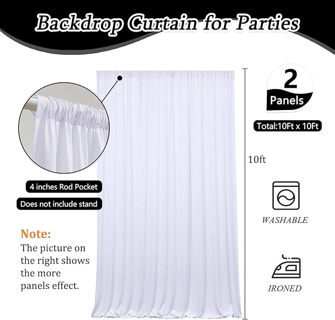 10 x 10 Feet White Backdrop Curtain for Partie, Background Curtains for Photoshoot, Birthday, Wedding, Christmas, Anniversary, Halloween Party Decorations 5Ft x 10Ft, 2 Panels