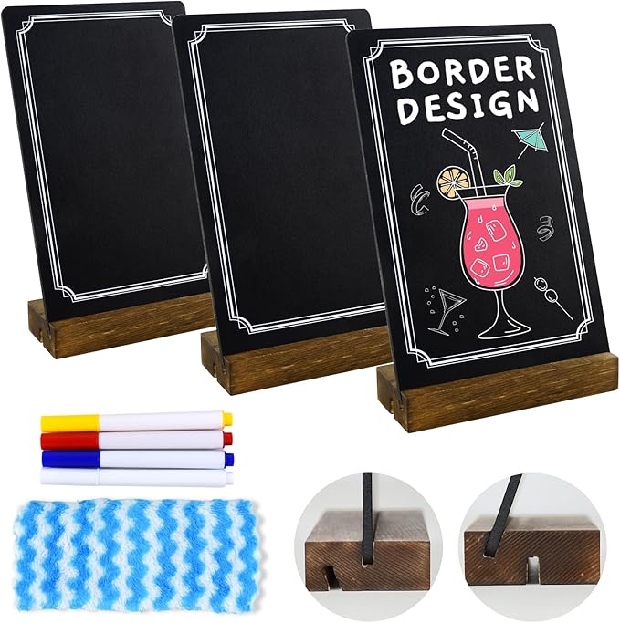 3 Pack Small Chalkboard Signs With Stand, 8x5'' Table Top Sign With Wooden Base, Double-Sided Mini Boards for Food Messages, Restaurant, Bar, Party, Store Decoration